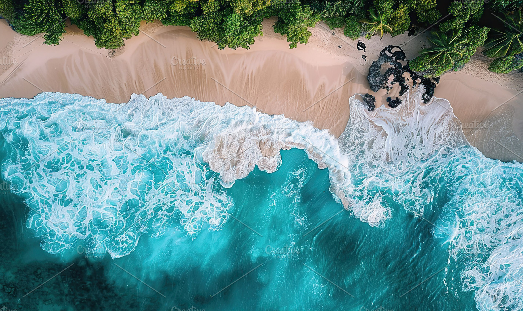 Drone view of a secluded beach with, a Photo by LOGOCREATIVE