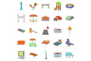 City Roads Icons Set, Cartoon Style