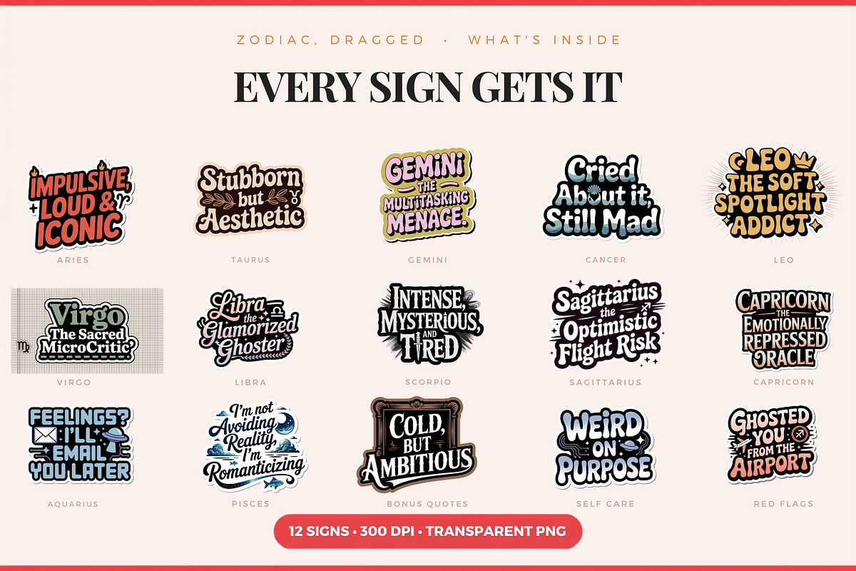 Funny Zodiac Digital Sticker Set, an Object Graphic by Jakayla Digital Co (Photo 2 of 20)