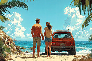 Young couple holding hands by the sea during their road trip adventure, a Photo by AS photostudio