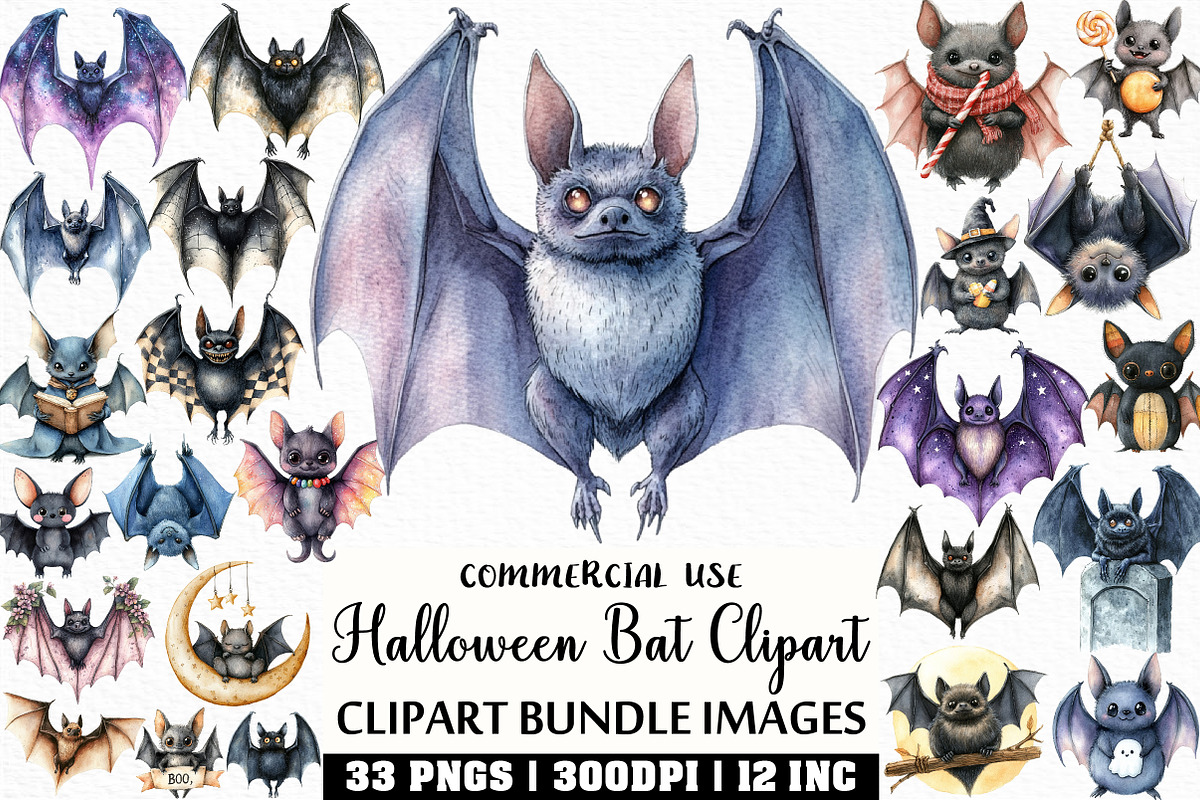 Watercolor Halloween Bat Clipart, an Illustration by Craft Nest (Photo 1 of 6)