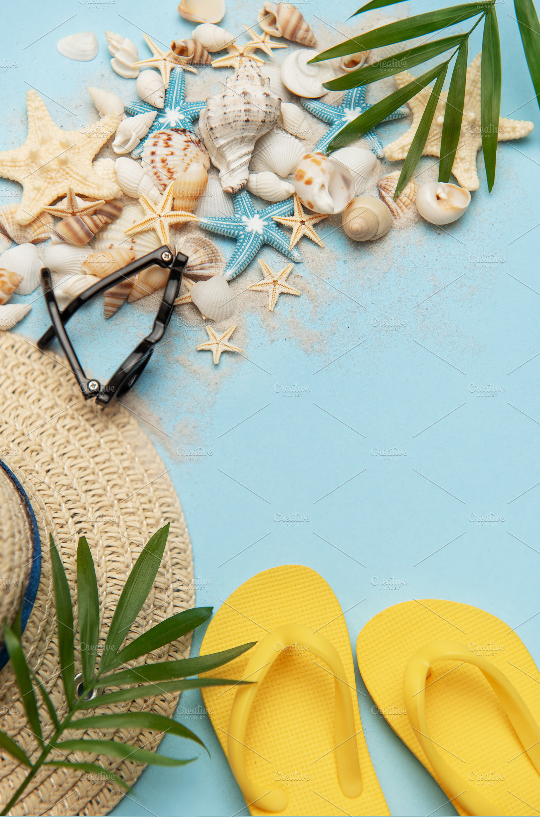Beach accessories creating a summer holiday background, evoking, a Holiday Photo by Olena Rudo