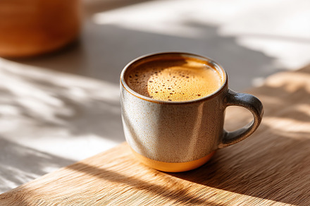 Brewed coffee in a ceramic mug resting on a wooden surface with sunlight stream, a Food & Drink Photo by AlyaAnd