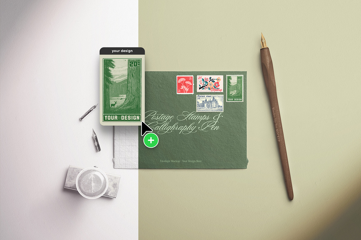 Envelope-Postage Stamps Calligraphy, an Advertising Mockup by Custom Scene (Photo 6 of 10)