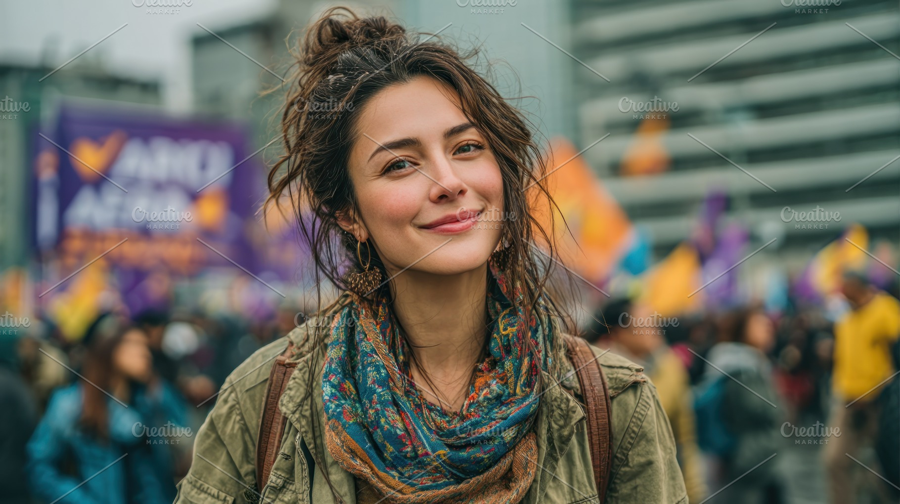 Smiling young woman activist at peaceful protest wearing scarf a, a Person Photo by José Manuel Gelpi