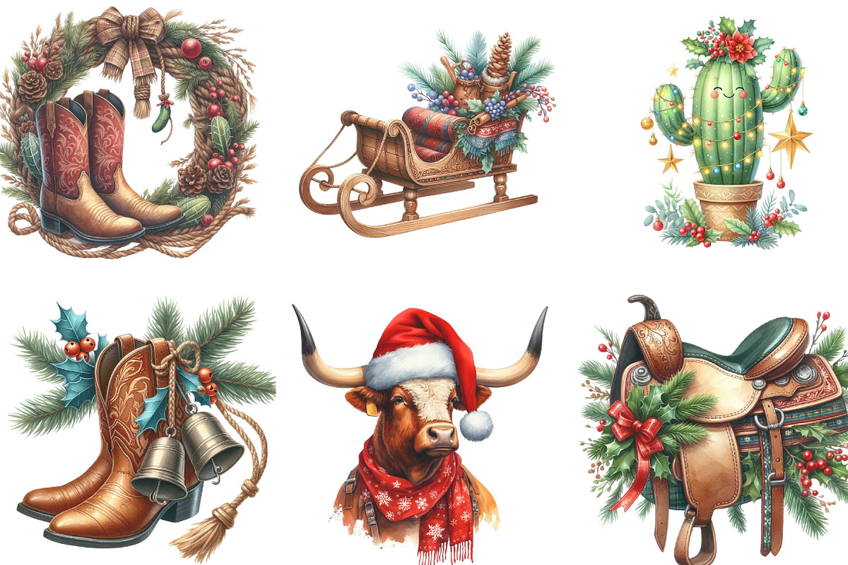 Watercolor Western Christmas Clipart, an Illustration by CraftArtStudio (Photo 2 of 6)