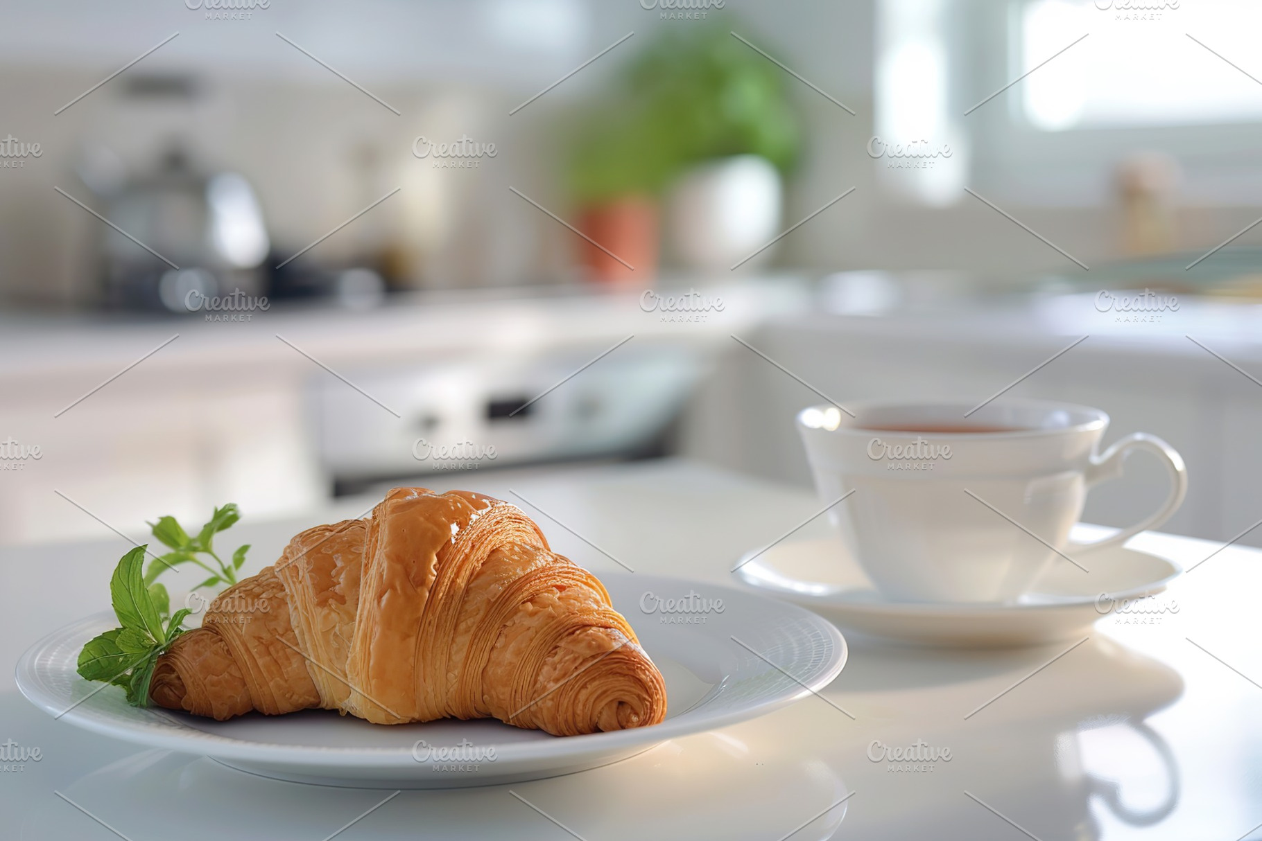 Cup of tea and croissant on white kitchen table, a Food & Drink Photo by AlyaAnd