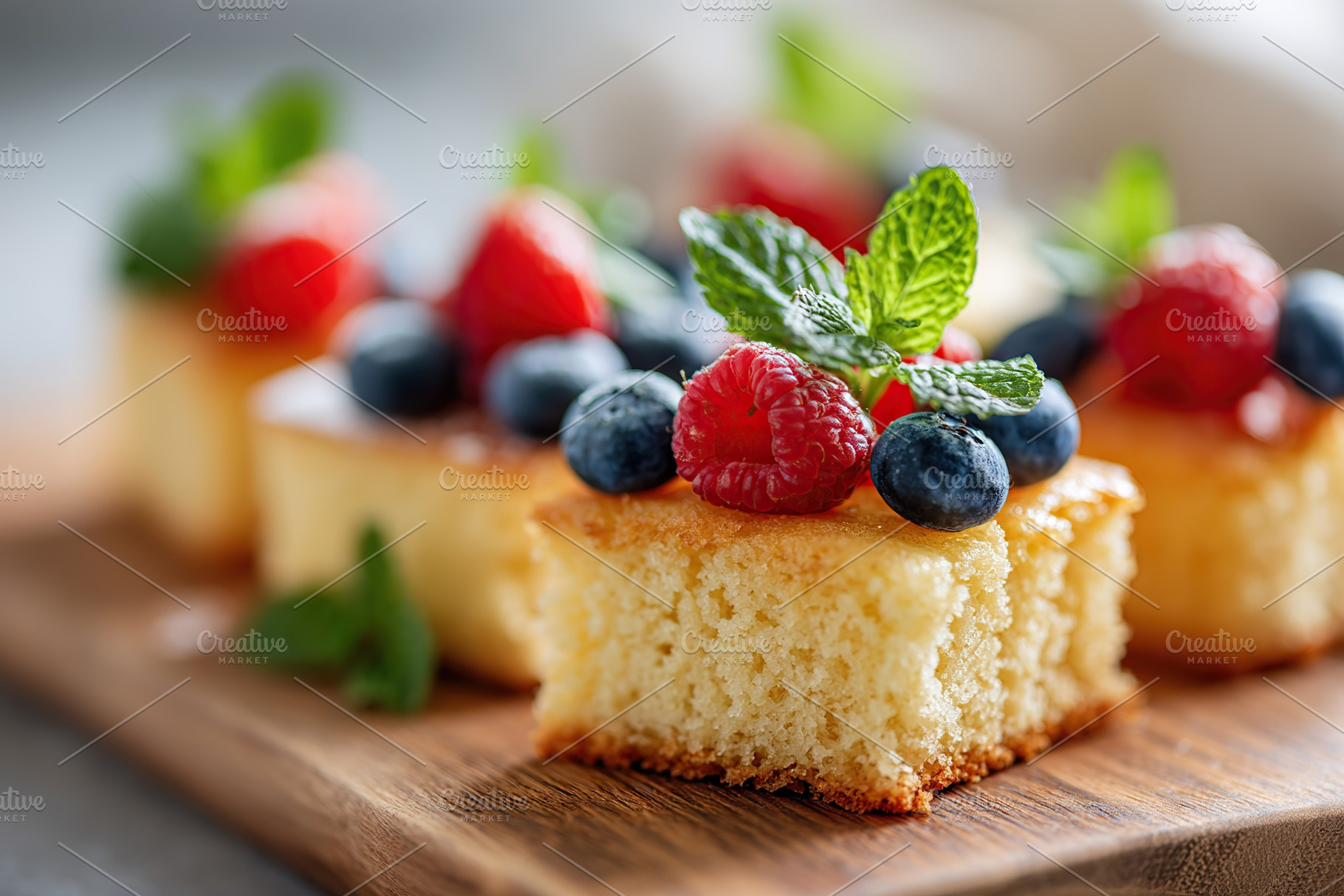 Moist sponge cake pieces topped with fresh raspberries and blueberries in a bri, a Food & Drink Photo by AlyaAnd