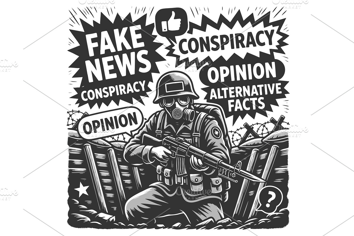 Soldier Gas Mask Surrounded by Fake, a Person Illustration by AlexArt
