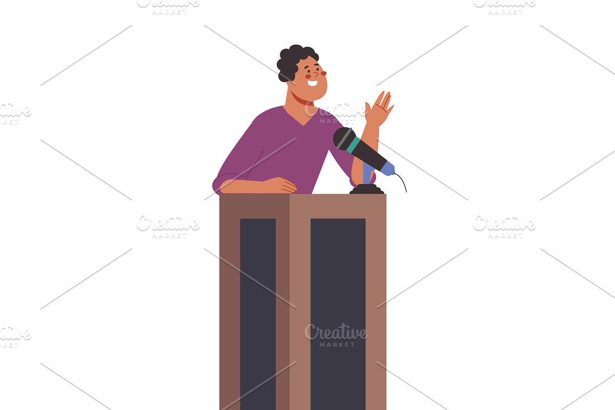 Character speaking at podium with, a Person Illustration by LadadikArt