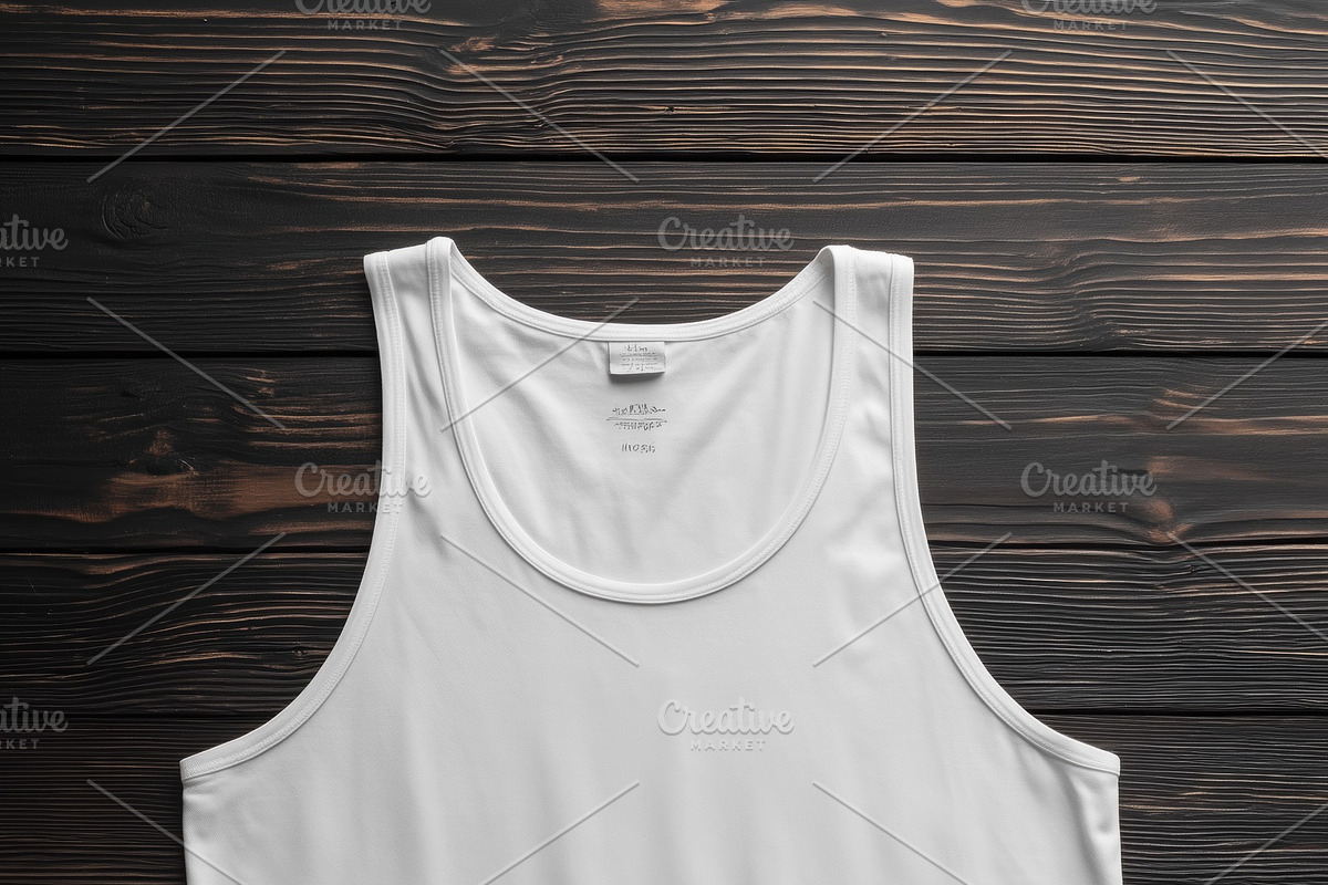 A plain white tank top mockup laid flat on a dark wooden surface, showcasing it, a Shirt Mockup by Textures & Backgrounds