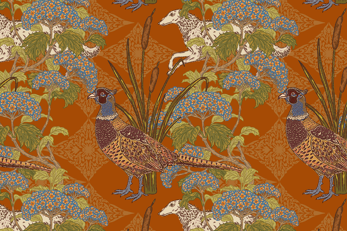 Pheasant, Hydrangea, Borzoi, a Pattern Graphic by NayaChu (Photo 2 of 9)