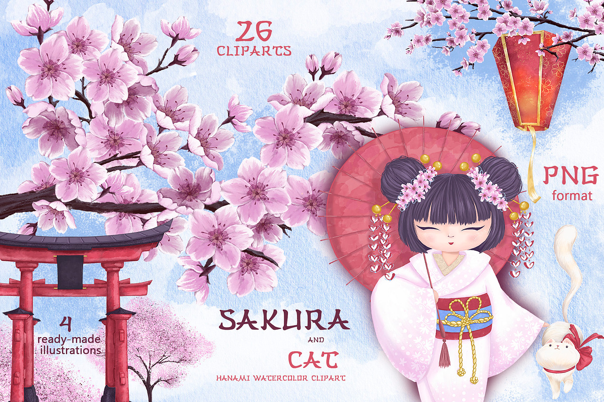 Sakura and Cat. Hanami watercolor, an Illustration by Maycat_store (Photo 1 of 11)