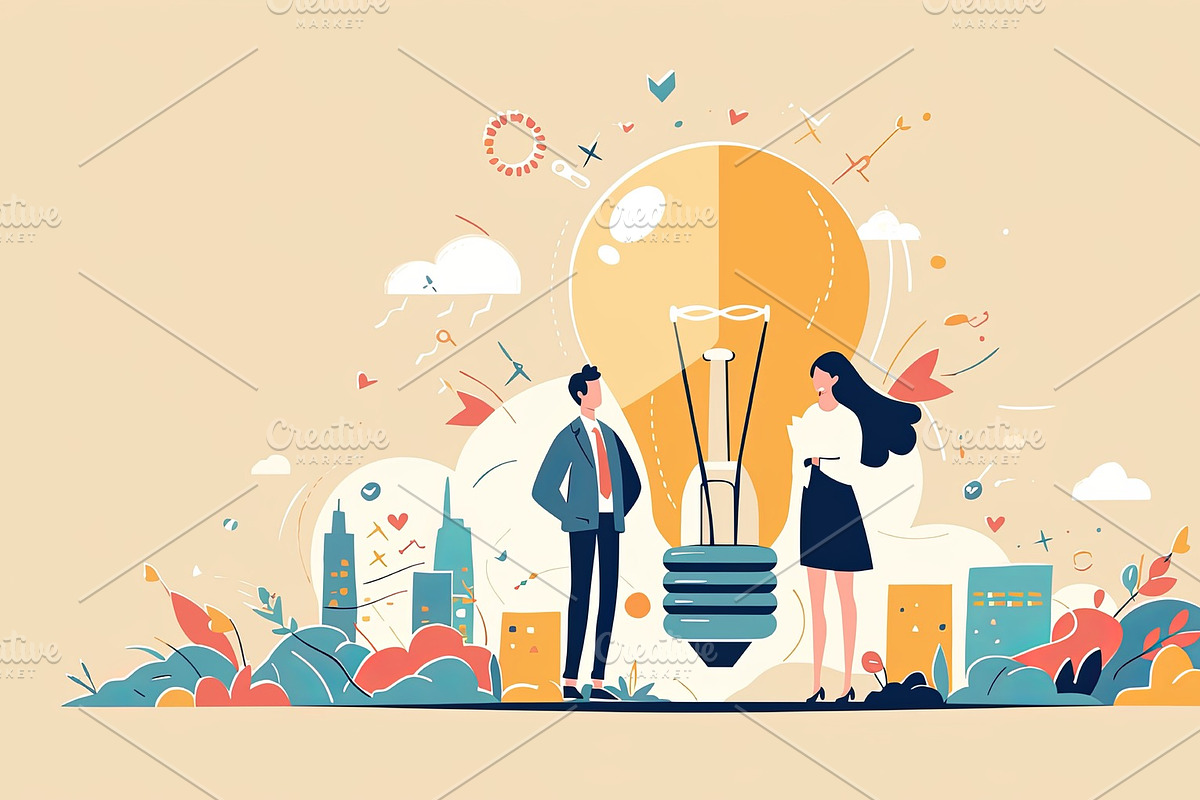 Collaborative team brainstorming with creative illustrations of ideas and innov, an Illustration by AS photostudio