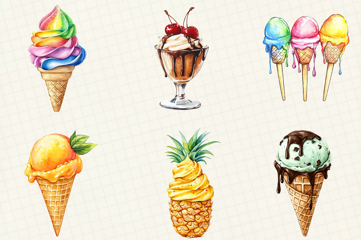 Watercolor Summer Ice Cream Clipart, an Illustration by OK Design (Photo 5 of 5)
