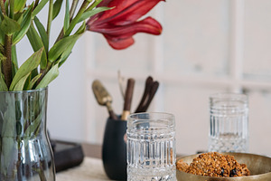 Morning snack tea time oatmeal snack glass flower, a Food & Drink Photo by Photo Drive Studio
