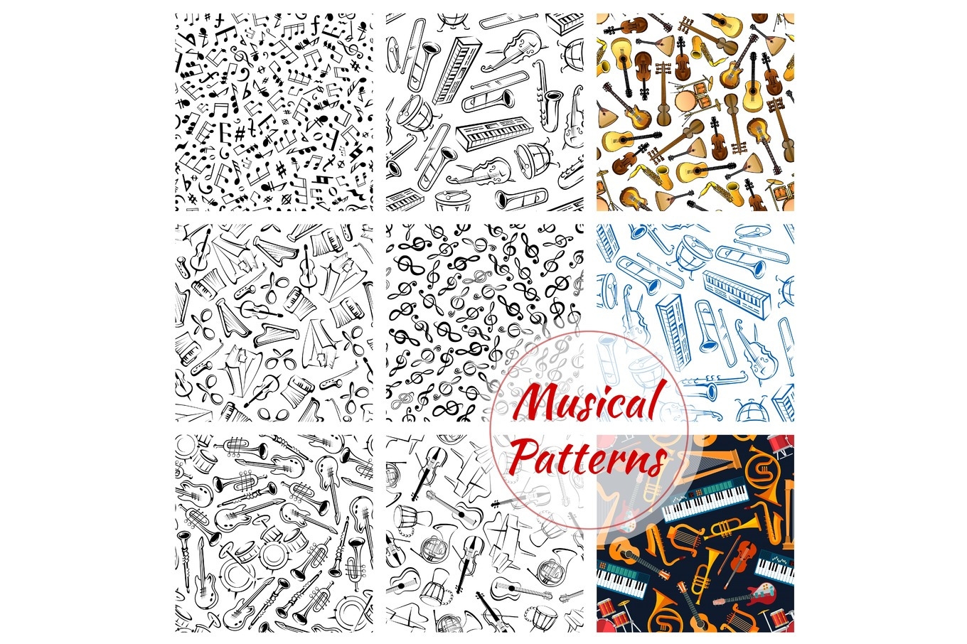 Patterns of musical instruments and music notes, a Pattern Graphic by ...