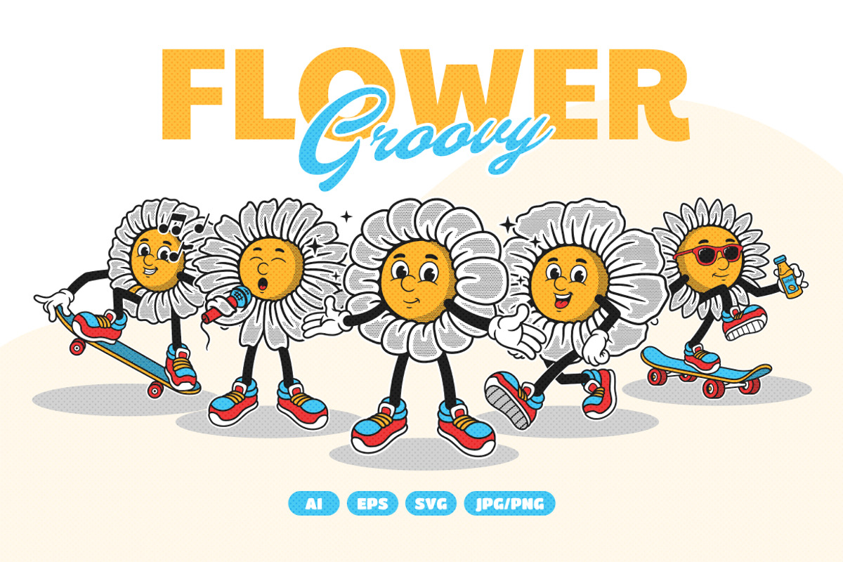 Retro Flower Mascot Illustration, an Object Illustration by Decoconio Design (Photo 1 of 7)