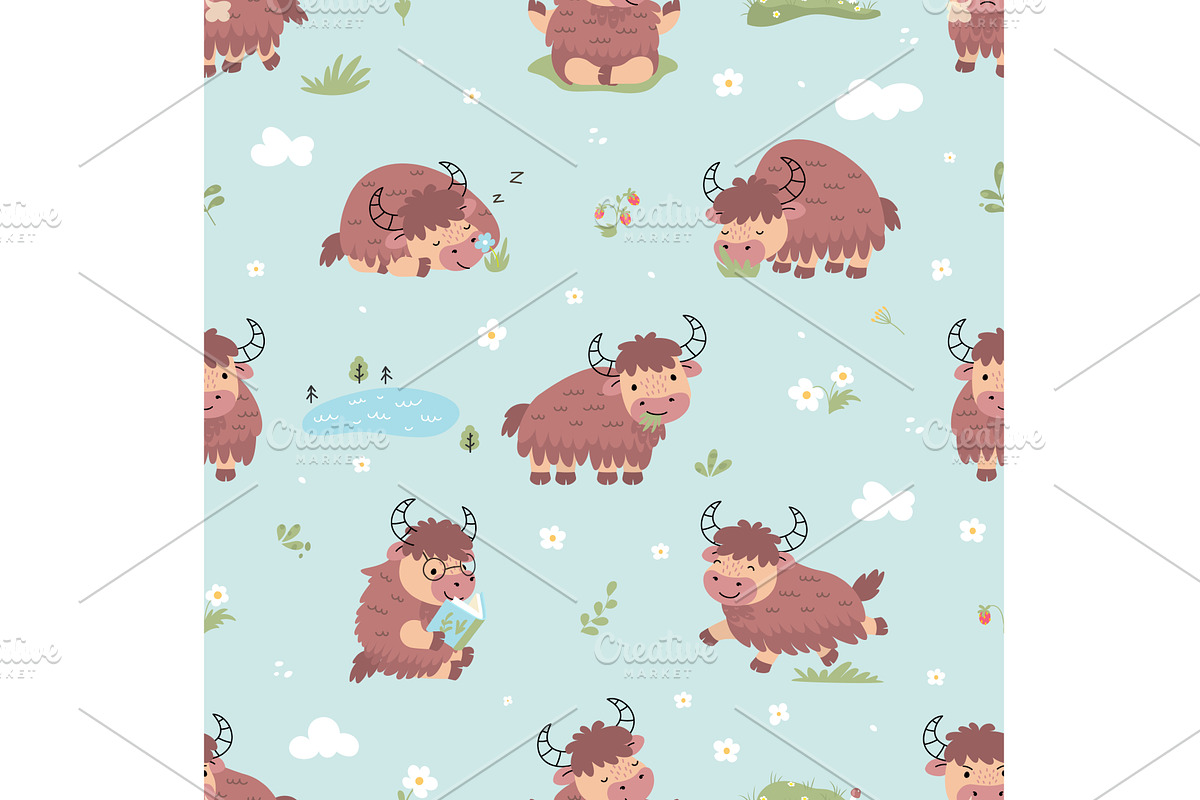 Yak seamless pattern. Funny cartoon, an Animal Illustration by Valerie Bodnar