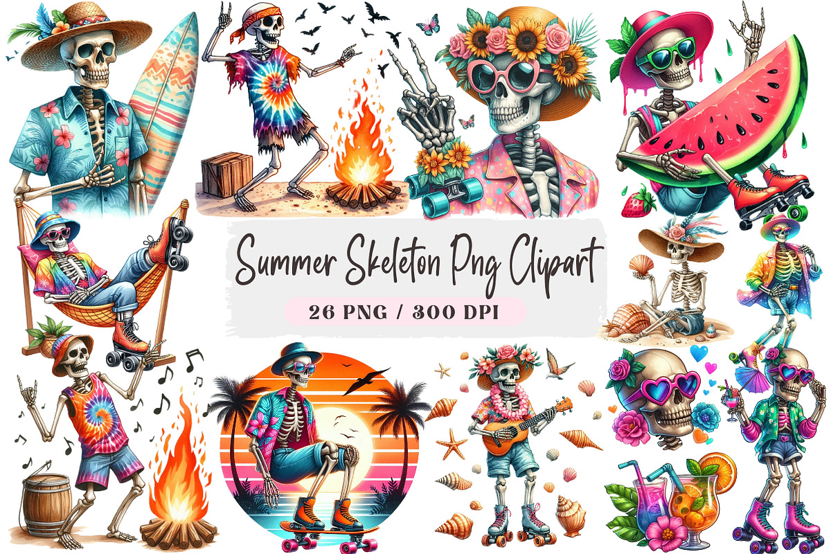 Watercolor Summer Skeleton Png Clipa, an Illustration by DreamArtGraphic (Photo 1 of 4)