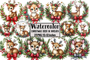 Christmas Deer in Wreath, an Illustration by Design Market
