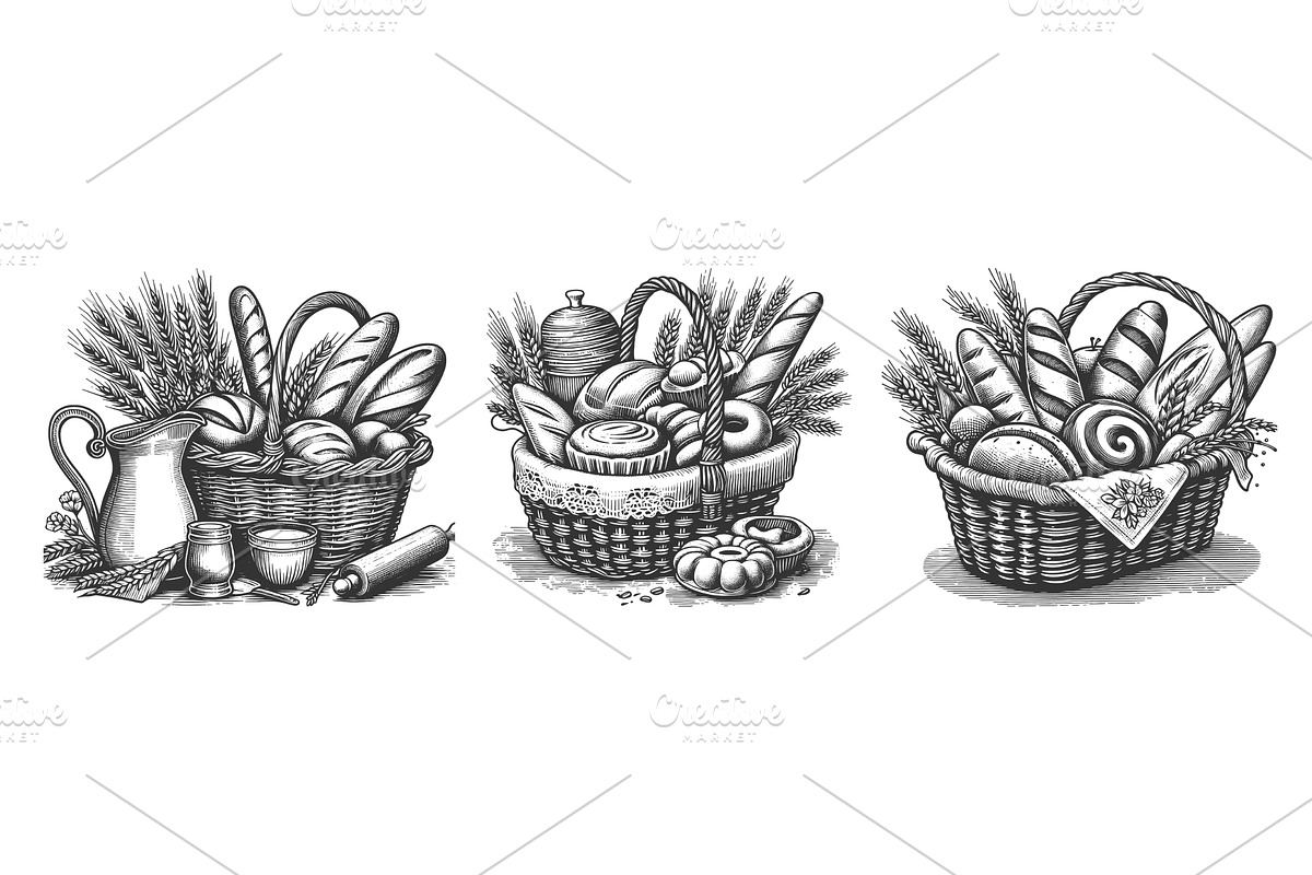 Bread Baskets with Fresh Baked Goods, a Food Illustration by AlexArt