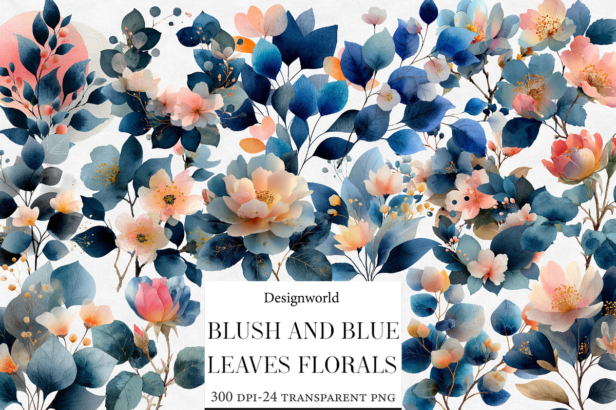 Watercolor Blush and Blue Leaves Flo, an Illustration by Designworld (Photo 1 of 6)