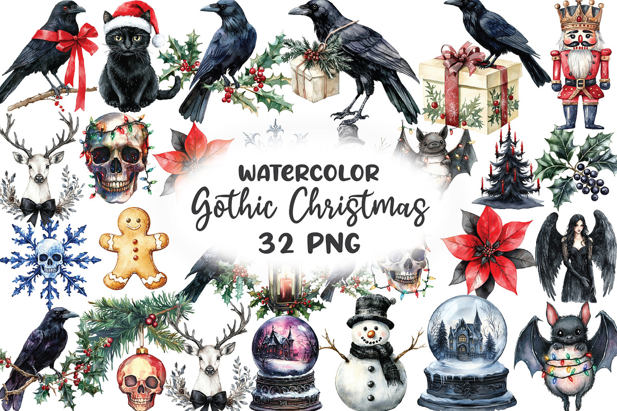 Watercolor Gothic Christmas Clipart, an Illustration by CraftArtStudio (Photo 1 of 6)