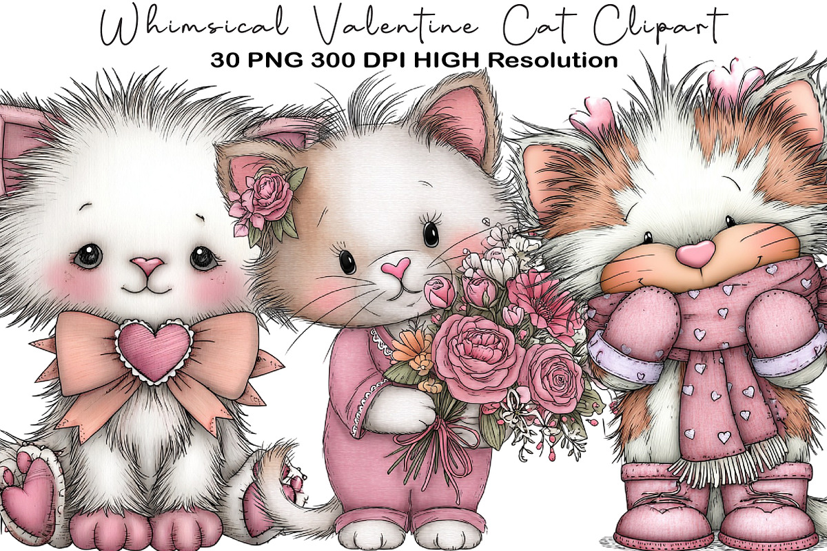 Whimsical Valentine Cat Clipart, an Illustration by Black Bird Studio (Photo 1 of 6)
