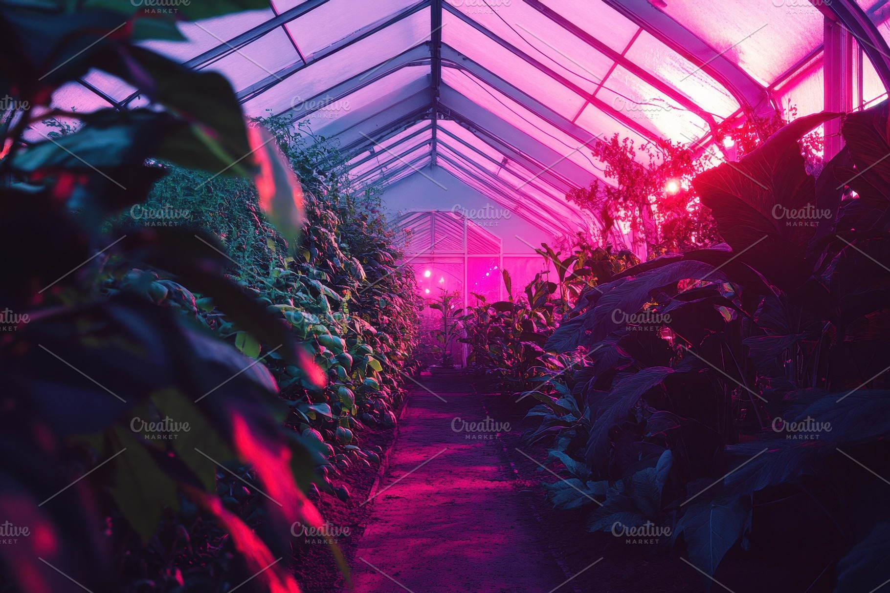 Colorful greenhouse illuminated by p, a Photo by Tanuart