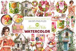 Watercolor Summer Vibe Clipart, an Illustration by Designworld