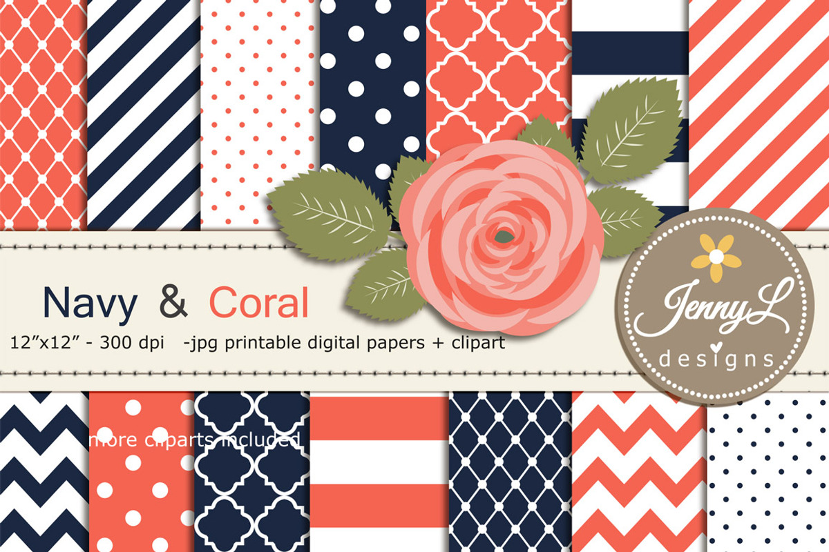 Navy Blue and Coral Digital Paper, a Pattern Graphic by JennyL Designs (Photo 1 of 3)