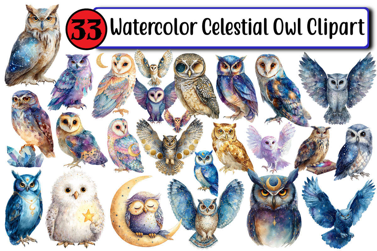 Watercolor Celestial Owl Clipart, an Illustration by Design Market (Photo 1 of 3)