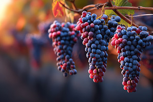 Bunch of ripe grapes hanging on vine during golden hour in vineyard, a Food & Drink Photo by AlyaAnd