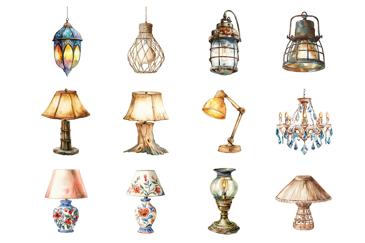 Watercolor Vintage Lamps Clipart, an Illustration by Design Market (Photo 2 of 3)