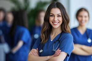 Female nurse with a bright smile, a Photo by Pavel_design