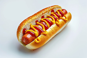 Hot dog with ketchup and mustard on white background, a Food & Drink Photo by AlyaAnd