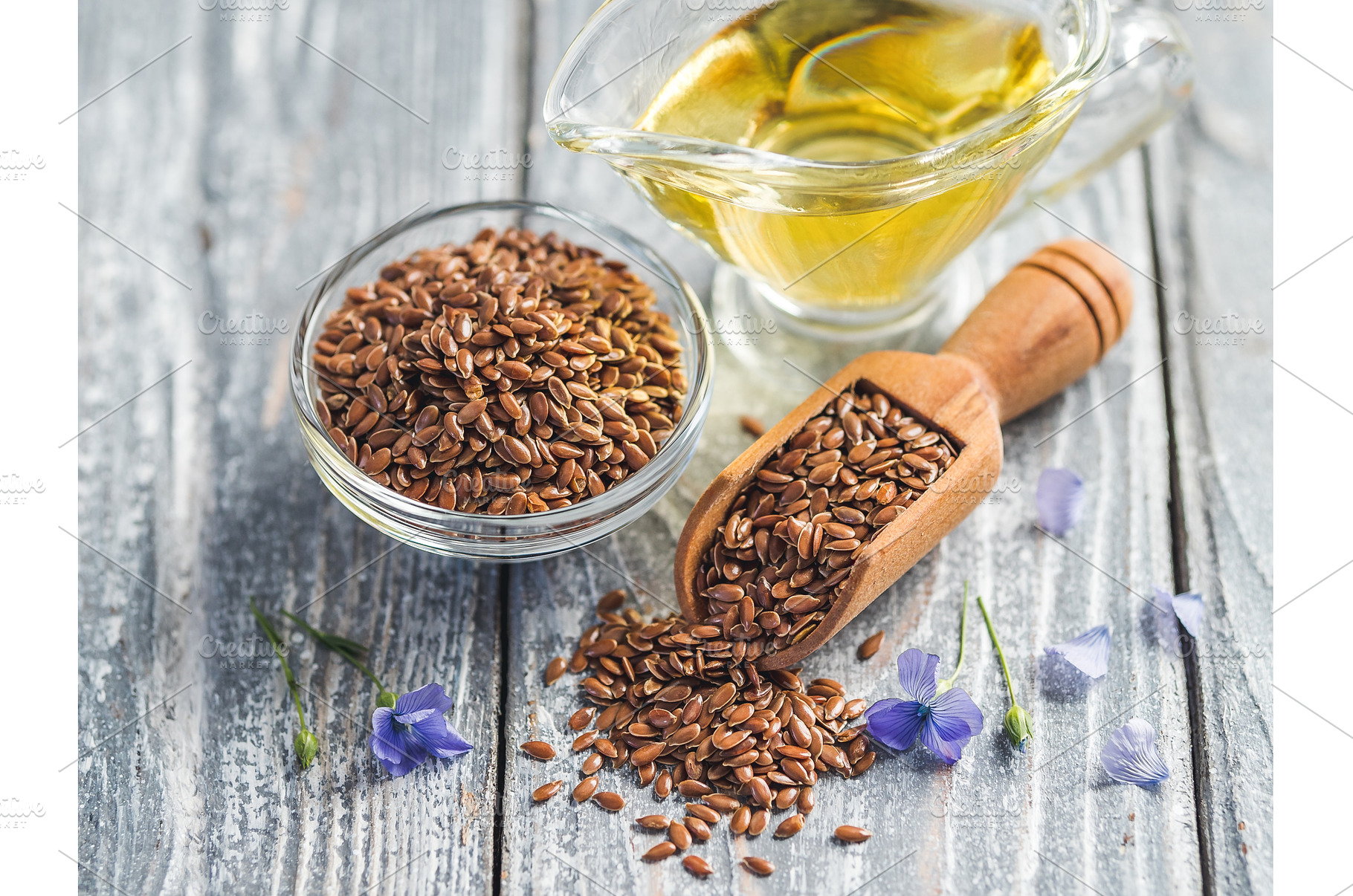 Flax seeds and flaxseed oil with, a Food & Drink Photo by Fascinadora