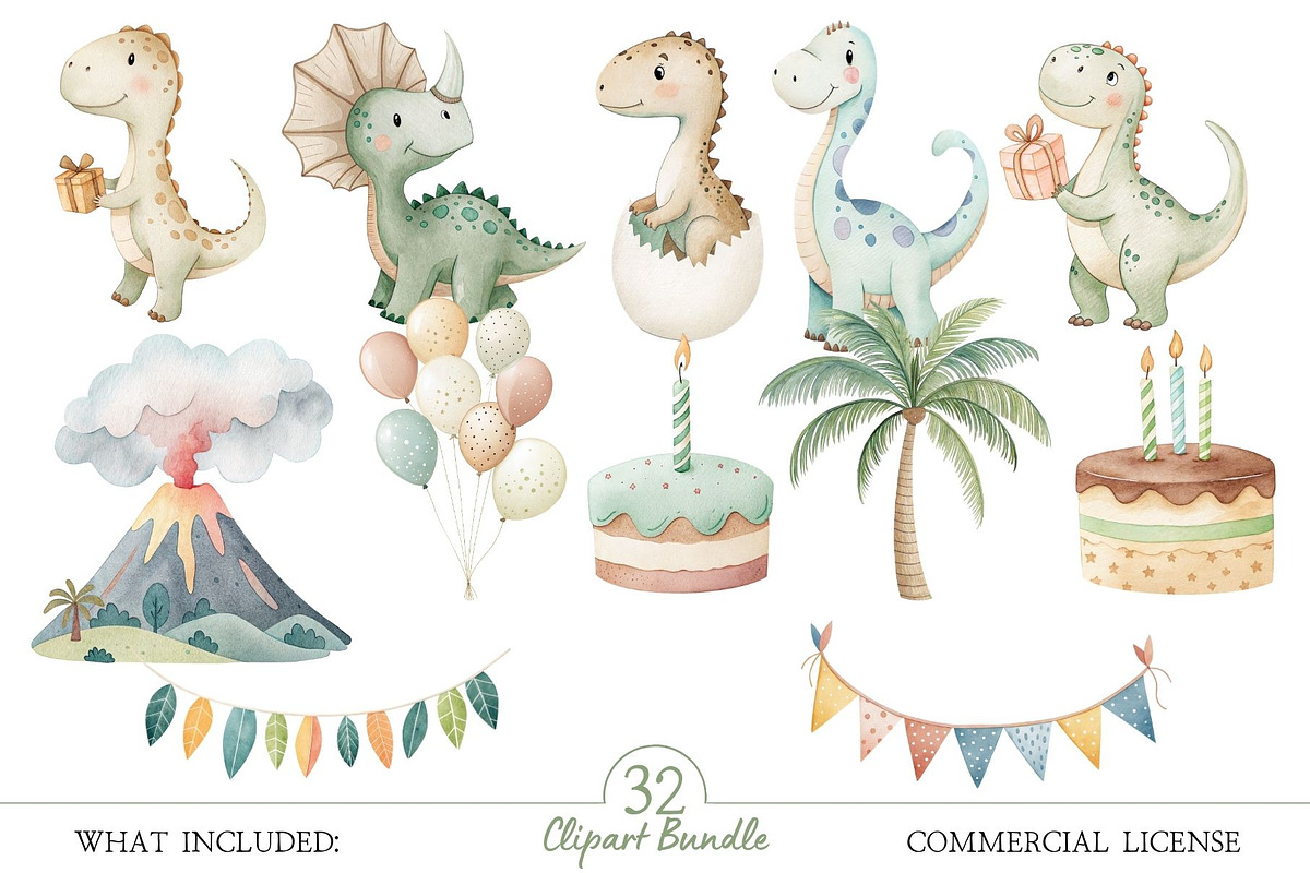 Dino Birthday Watercolor Clipart Set, an Illustration by MockupWizard (Photo 3 of 5)