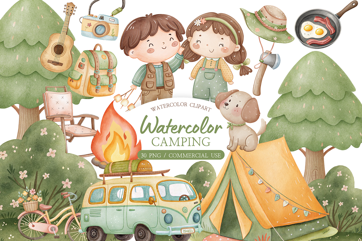Watercolor Camping Adventure Set, an Illustration by MockupWizard (Photo 1 of 5)