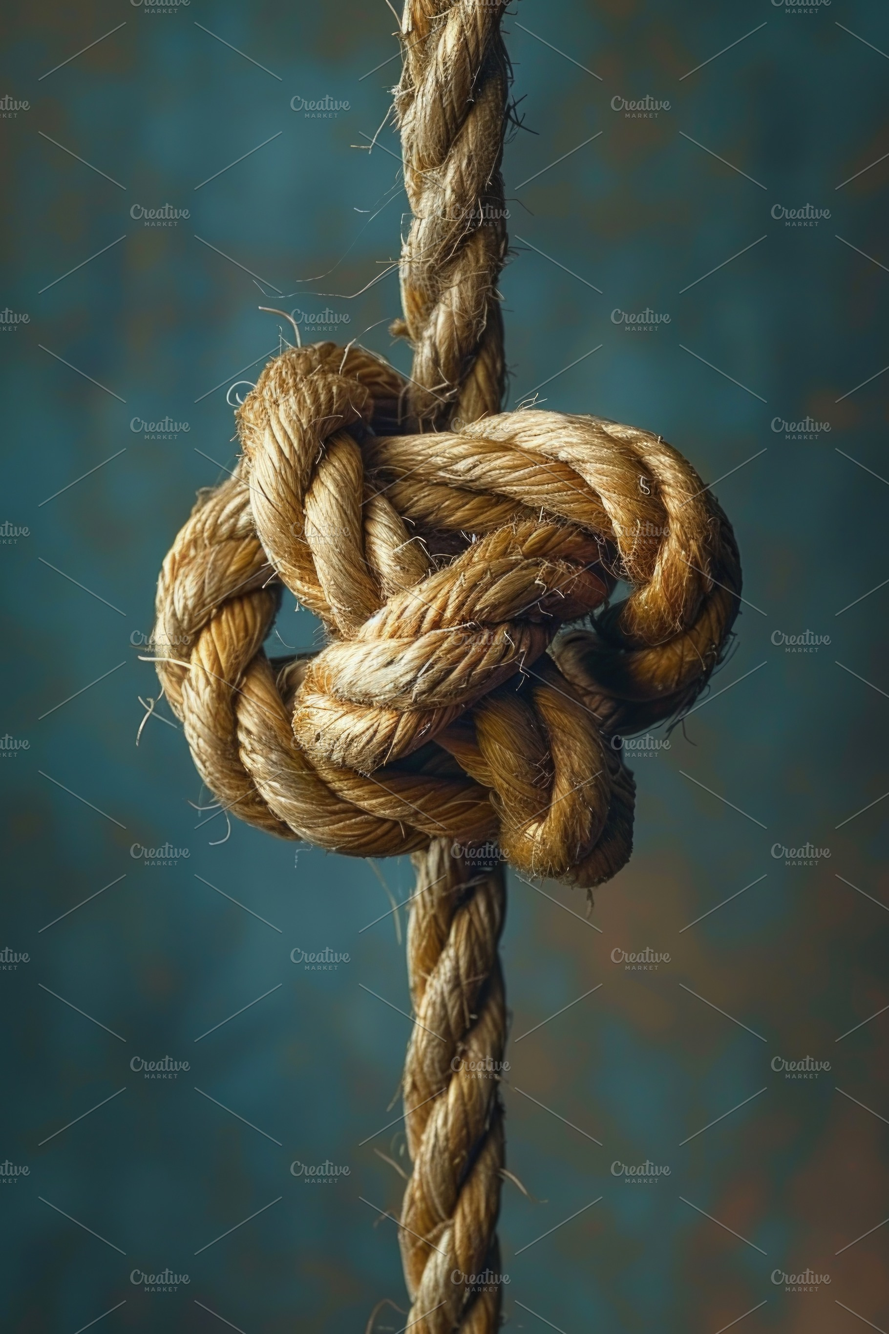 Intricate rope knot hanging vertically symbolizing complexity, e, an Abstract Photo by José Manuel Gelpi