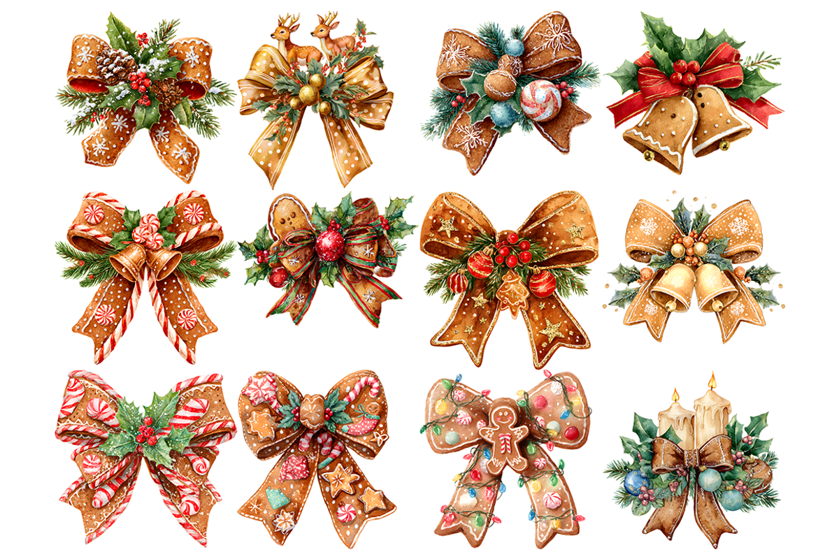 Watercolor Gingerbread Bow Clipart, a Decorative Illustration by stickermadness (Photo 3 of 4)