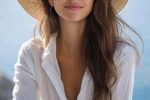 Woman in straw hat smiles by the sea, a Photo by Beautiful things