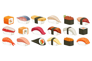 Assorted sushi and nigiri collection, a Food Illustration by Yayasya