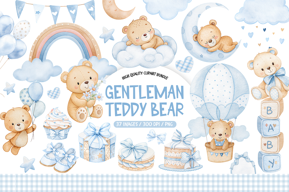 Watercolor Blue Gentleman Teddy Bear, an Animal Illustration by TatiMockup (Photo 1 of 5)
