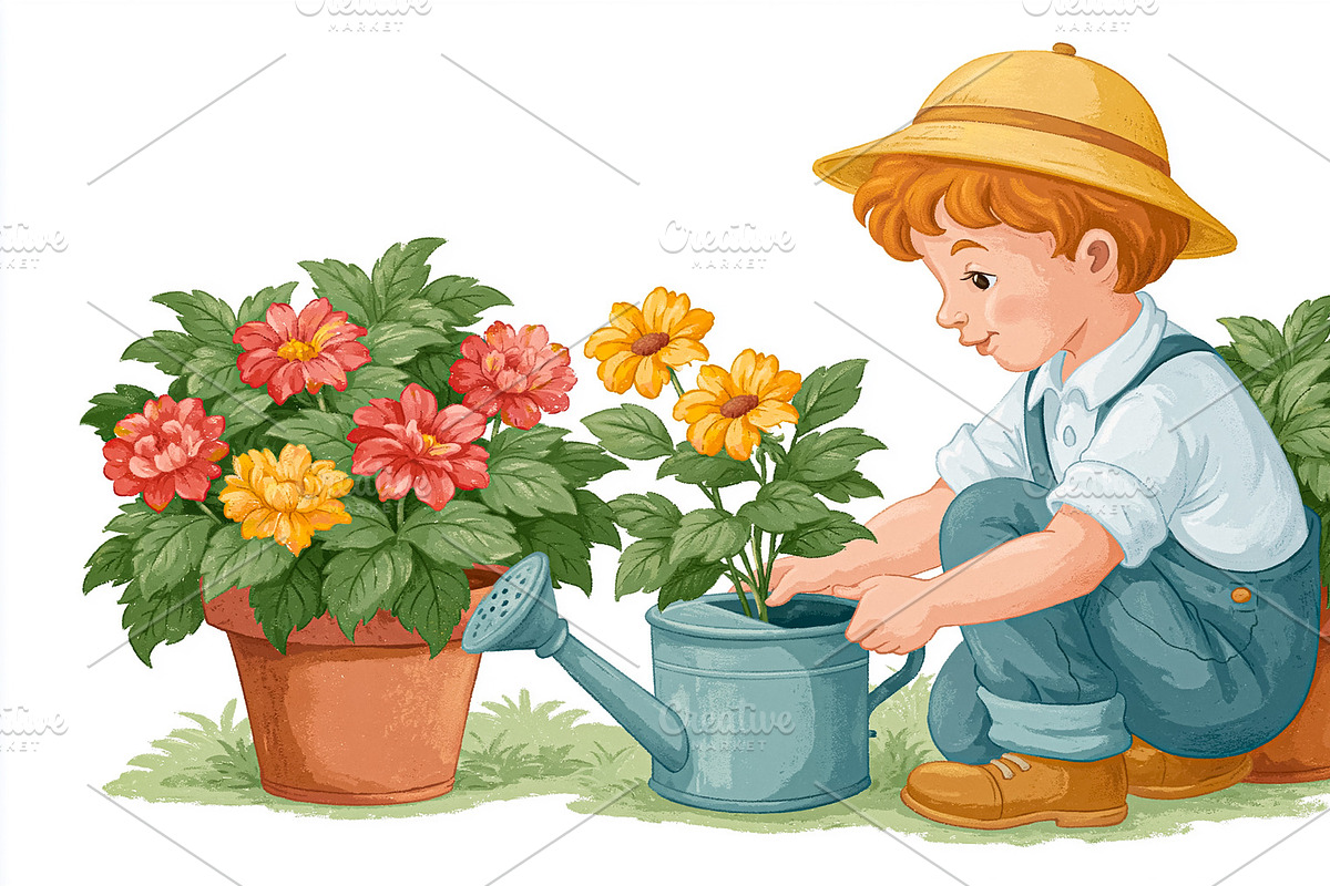 Boy wearing a straw hat planting a flower in a pot, learning gar, an Illustration by Studio ANNA