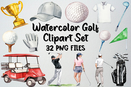Watercolor Golf Clipart Set, 32 PNG, a Sport Illustration by CropUp Creative