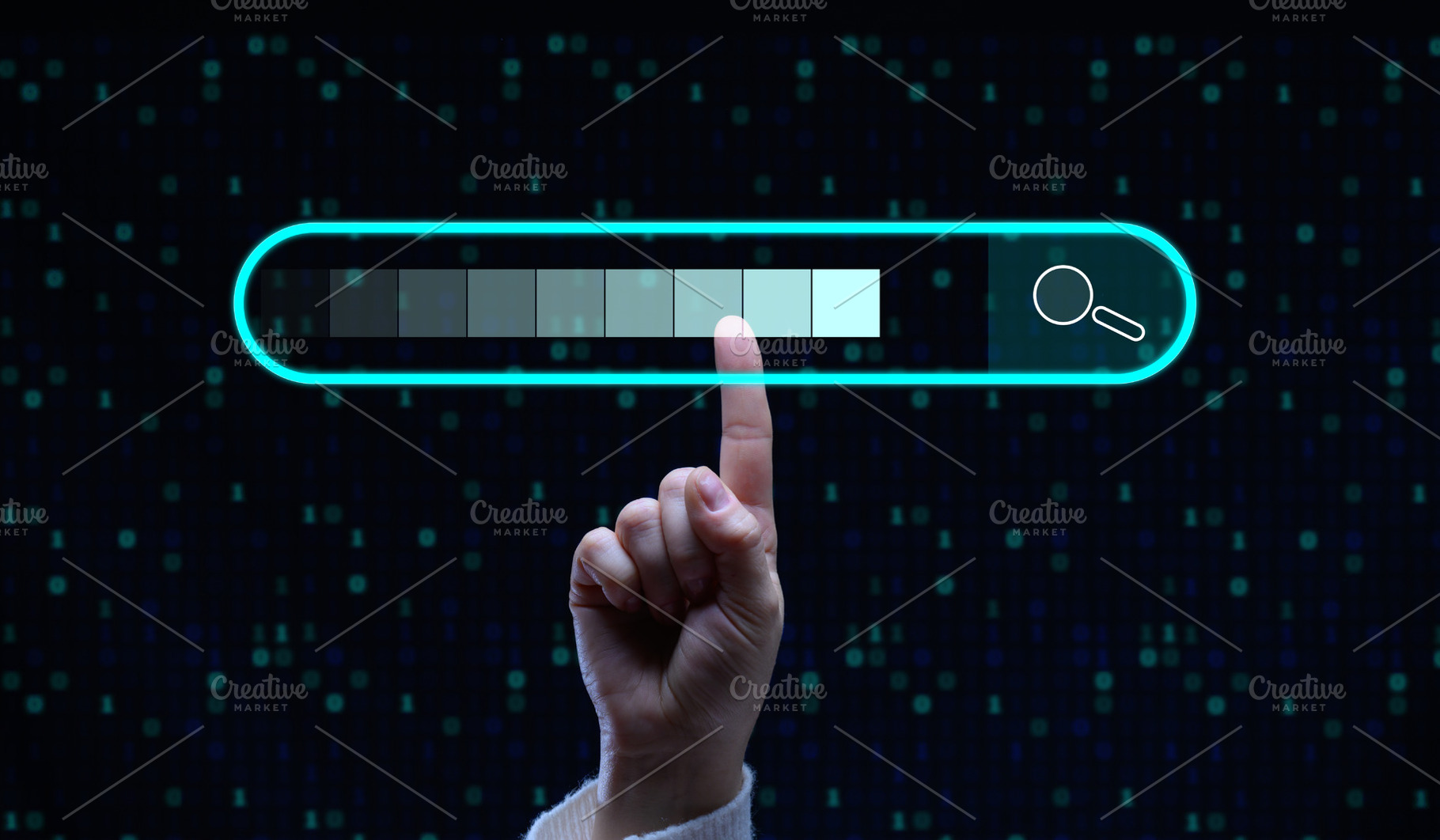 The index finger touches the virtual search bar from the neon bl, a Business Photo by ndanko