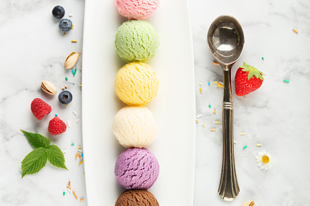 Set of various ice cream scoops and ingredients on white marble background, top, a Food & Drink Photo by Natalia Klenova's Shop