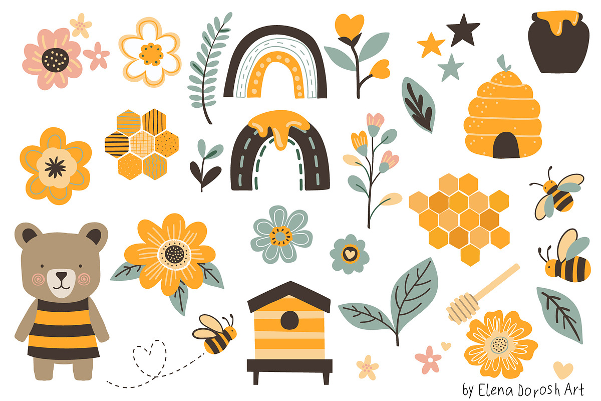 Bees, Honey Cartoon Vector Clipart, a Decorative Illustration by Elena Dorosh (Photo 2 of 2)
